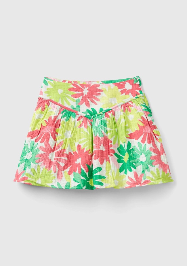  Kız Çocuk Yeşil- Pembe Tamamı Çiçek Baskılı Beli Bant Detaylı Etek