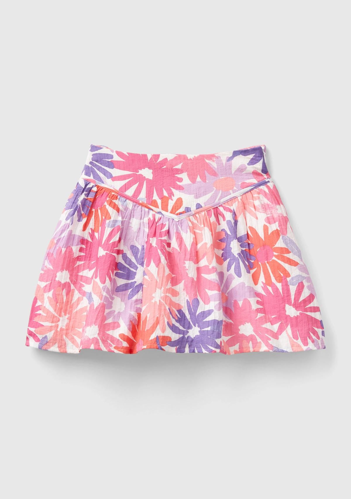  Kız Çocuk Pembe Mix Tamamı Çiçek Baskılı Beli Bant Detaylı Etek