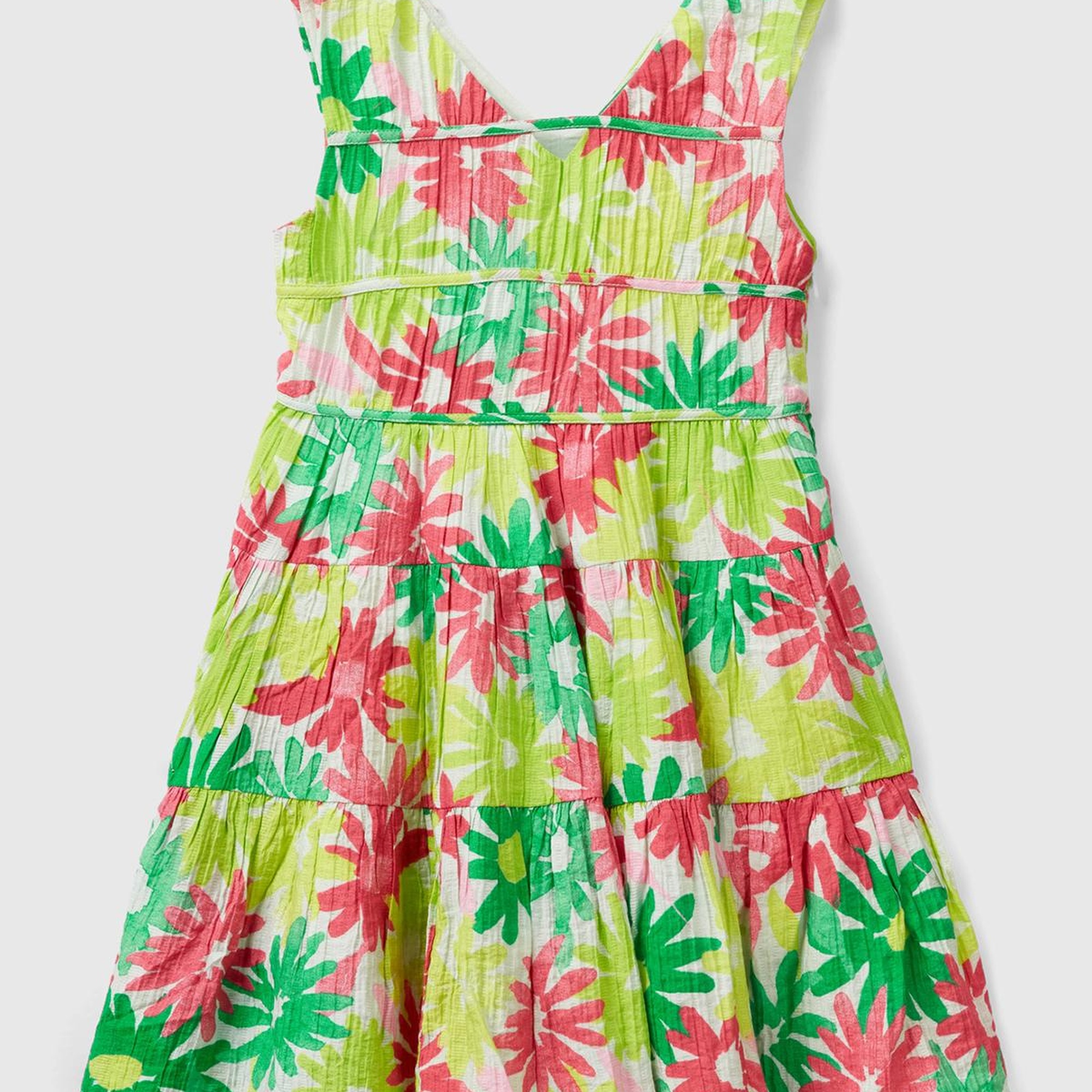 Kız Çocuk Yeşil- Pembe Tamamı Çiçek Baskılı Yandan Fermuarlı Kolsuz Elbise