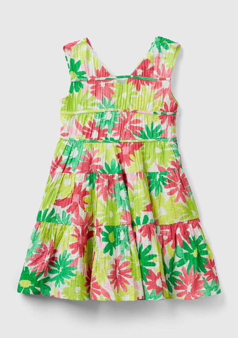  Kız Çocuk Yeşil- Pembe Tamamı Çiçek Baskılı Yandan Fermuarlı Kolsuz Elbise