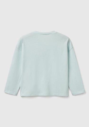  Kız Çocuk Su Yeşili Baskılı Logo Etiketli Kalp Düğmeli T-Shirt