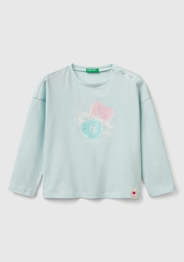  Kız Çocuk Su Yeşili Baskılı Logo Etiketli Kalp Düğmeli T-Shirt