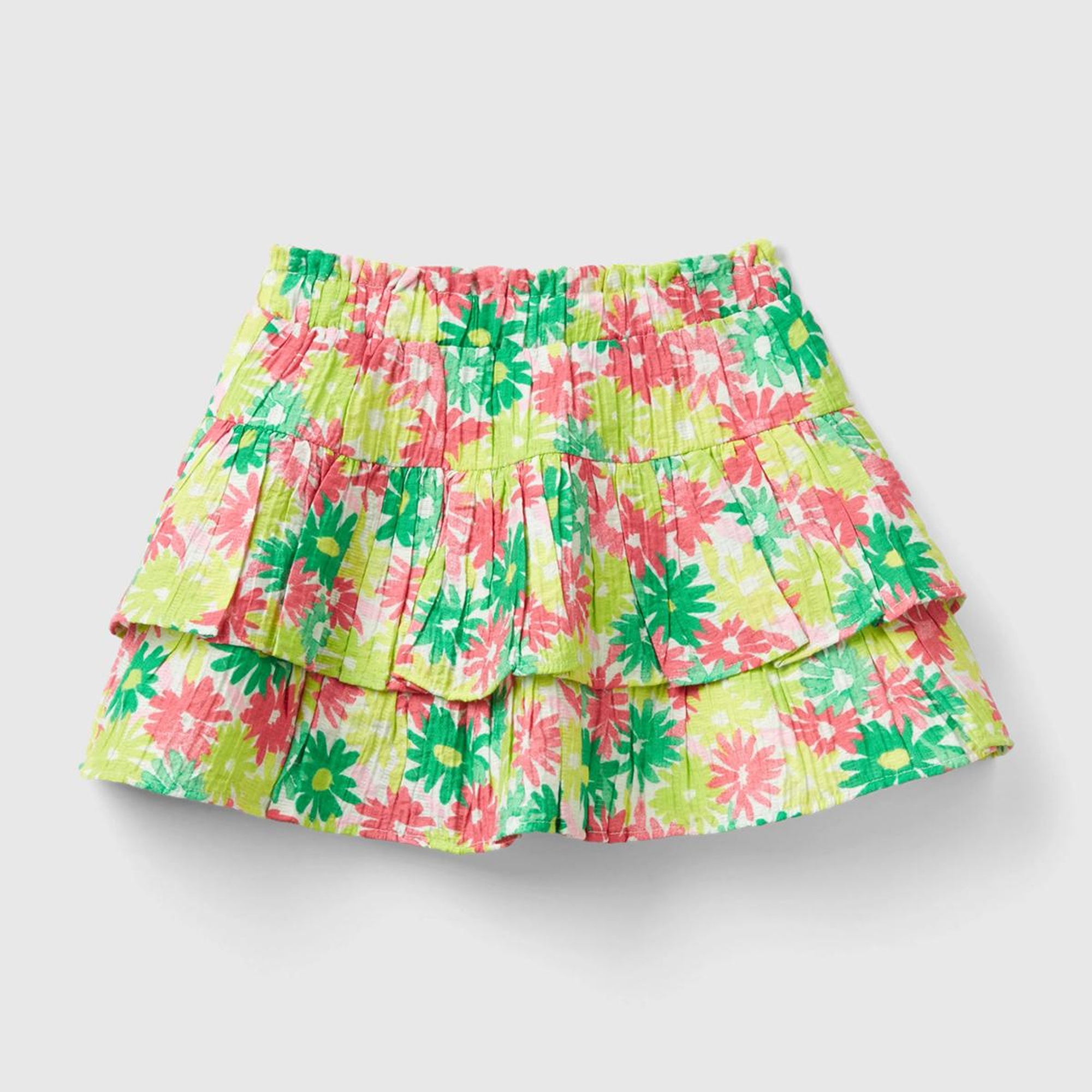 Kız Çocuk Yeşil- Pembe Tamamı Çiçek Baskılı Beli Lastikli Fırfırlı Etek