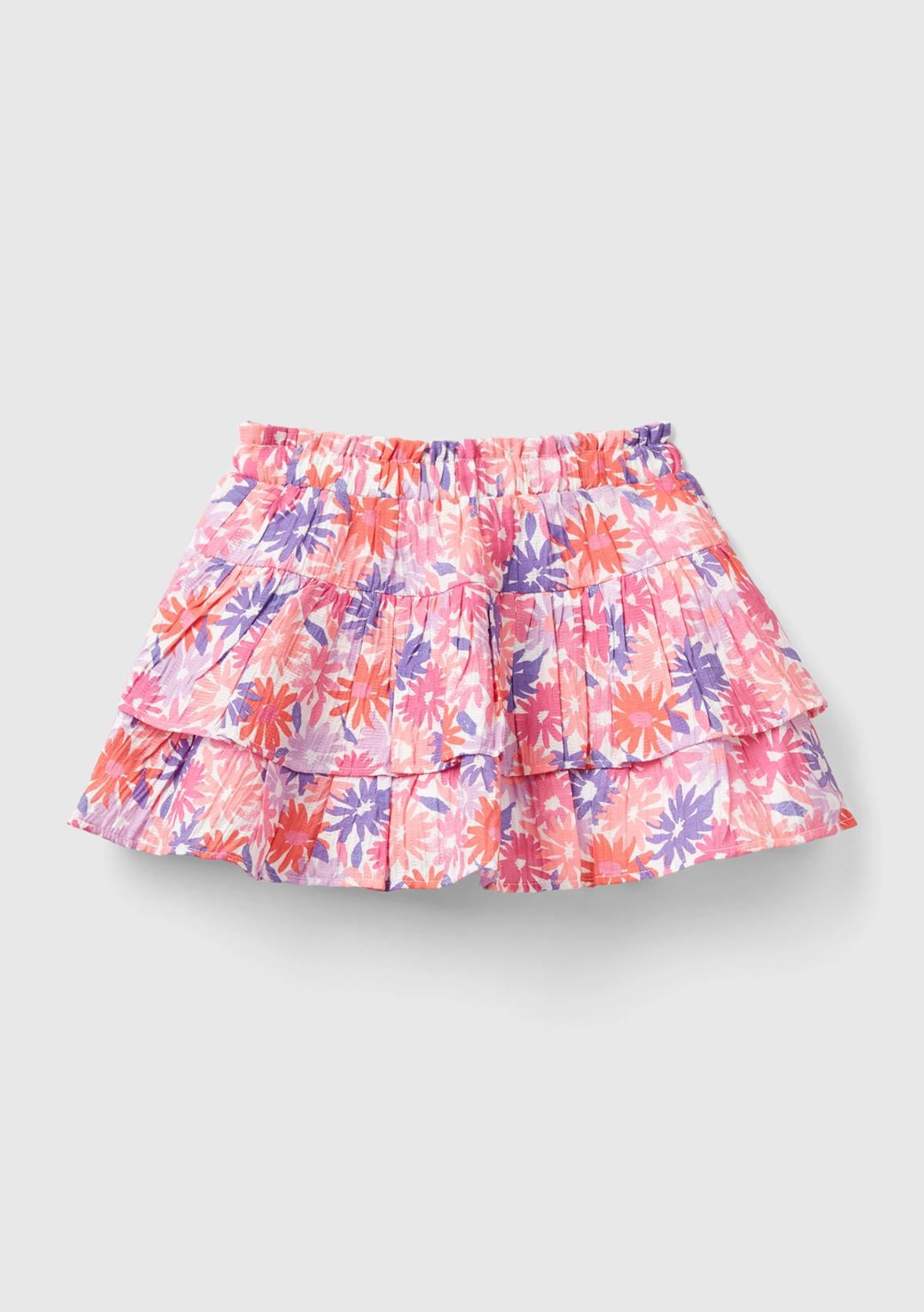  Kız Çocuk Pembe Mix Tamamı Çiçek Baskılı Beli Lastikli Fırfırlı Etek