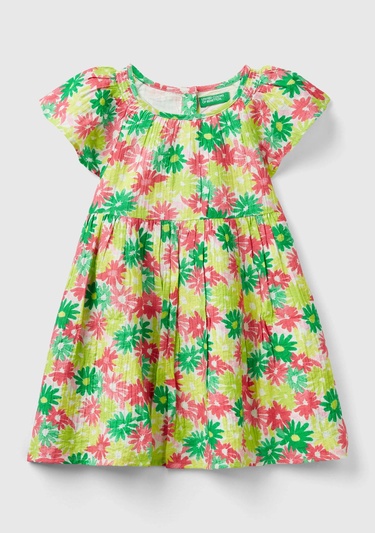  Kız Çocuk Yeşil- Pembe Tamamı Çiçek Baskılı Arkası Düğmeli Kısa Kollu Elbise
