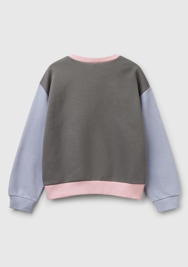  Kız Çocuk Pembe Mix Simli Benetton Logo Baskılı Bisiklet Yaka Sweatshirt