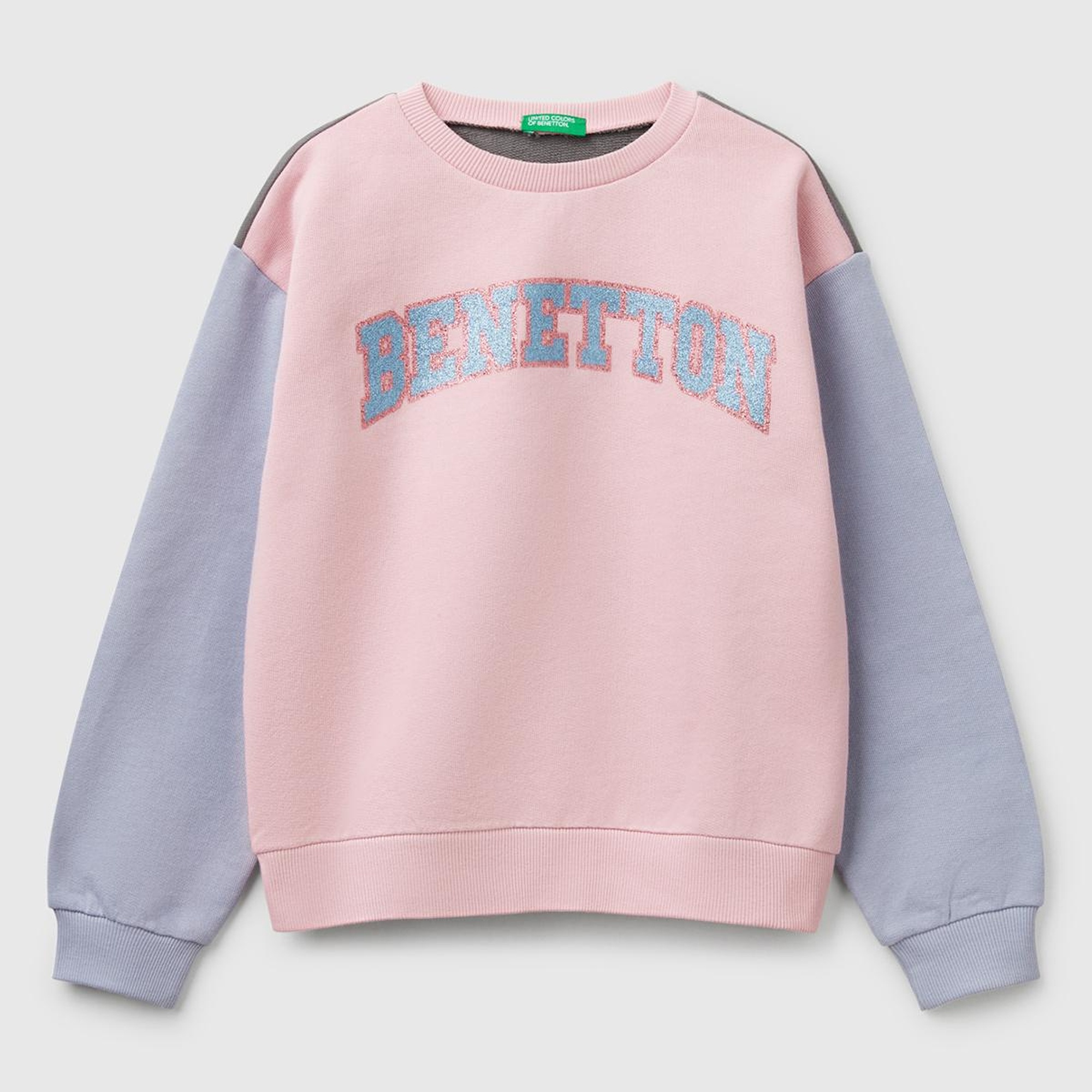 Kız Çocuk Pembe Mix Simli Benetton Logo Baskılı Bisiklet Yaka Sweatshirt