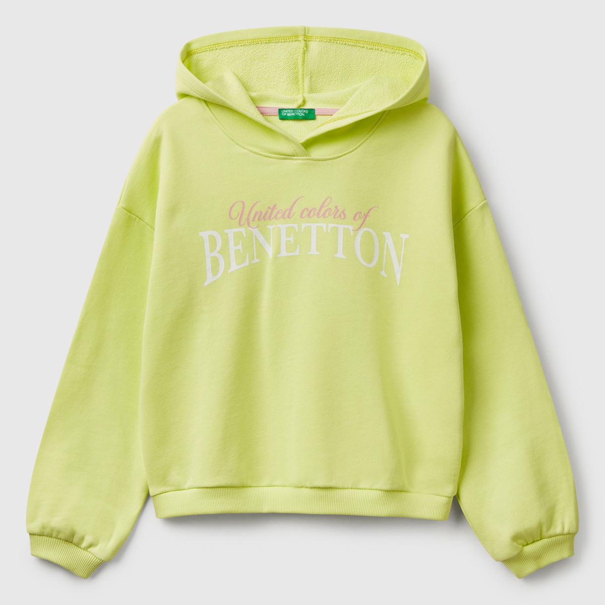 Kız Çocuk Sarı Benetton Logo Baskılı Kapüşonlu Sweatshirt