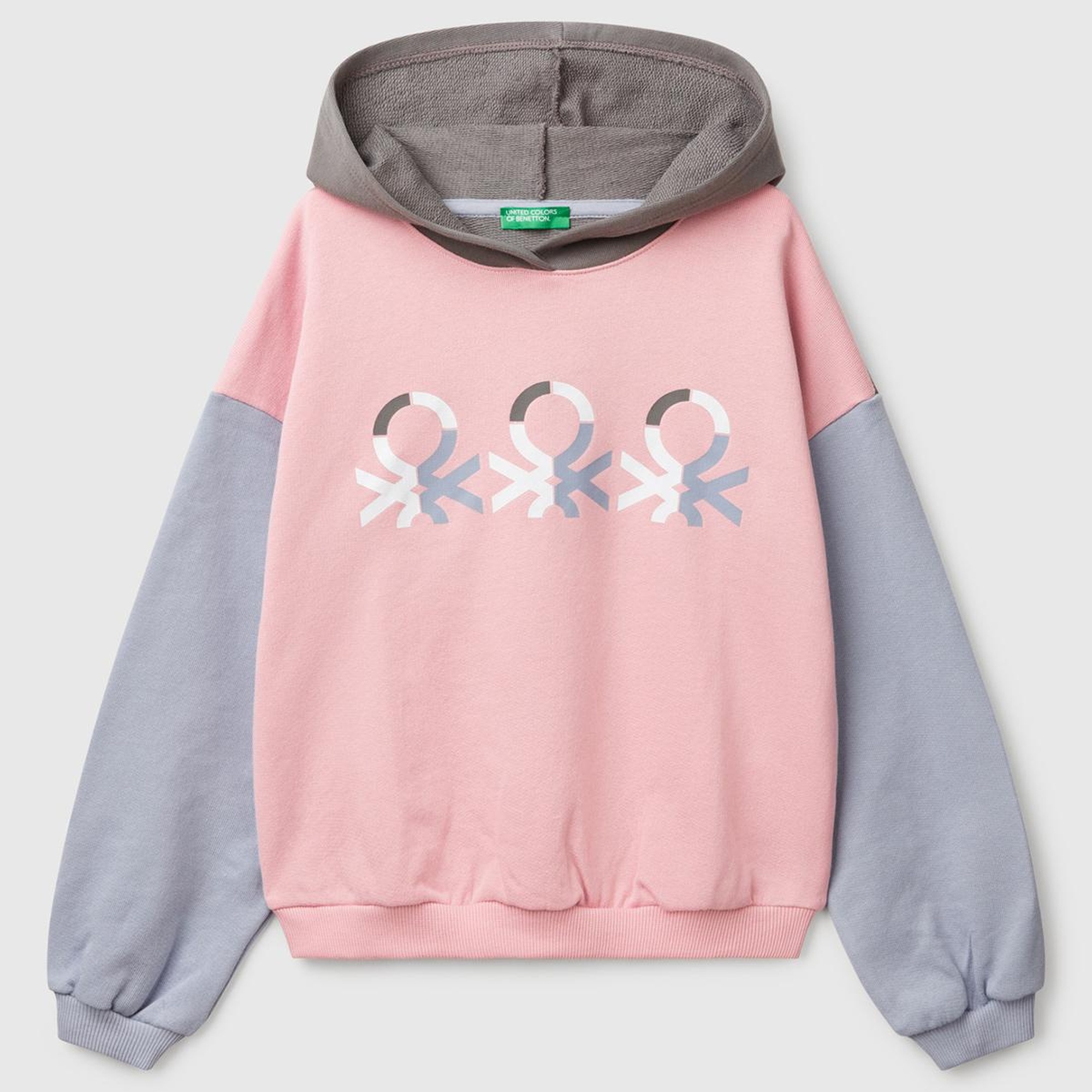 Kız Çocuk Pembe Mix Benetton Logo Baskılı Kapüşonlu Sweatshirt