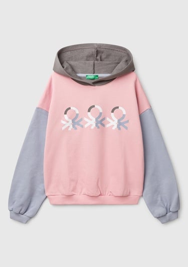  Kız Çocuk Pembe Mix Benetton Logo Baskılı Kapüşonlu Sweatshirt