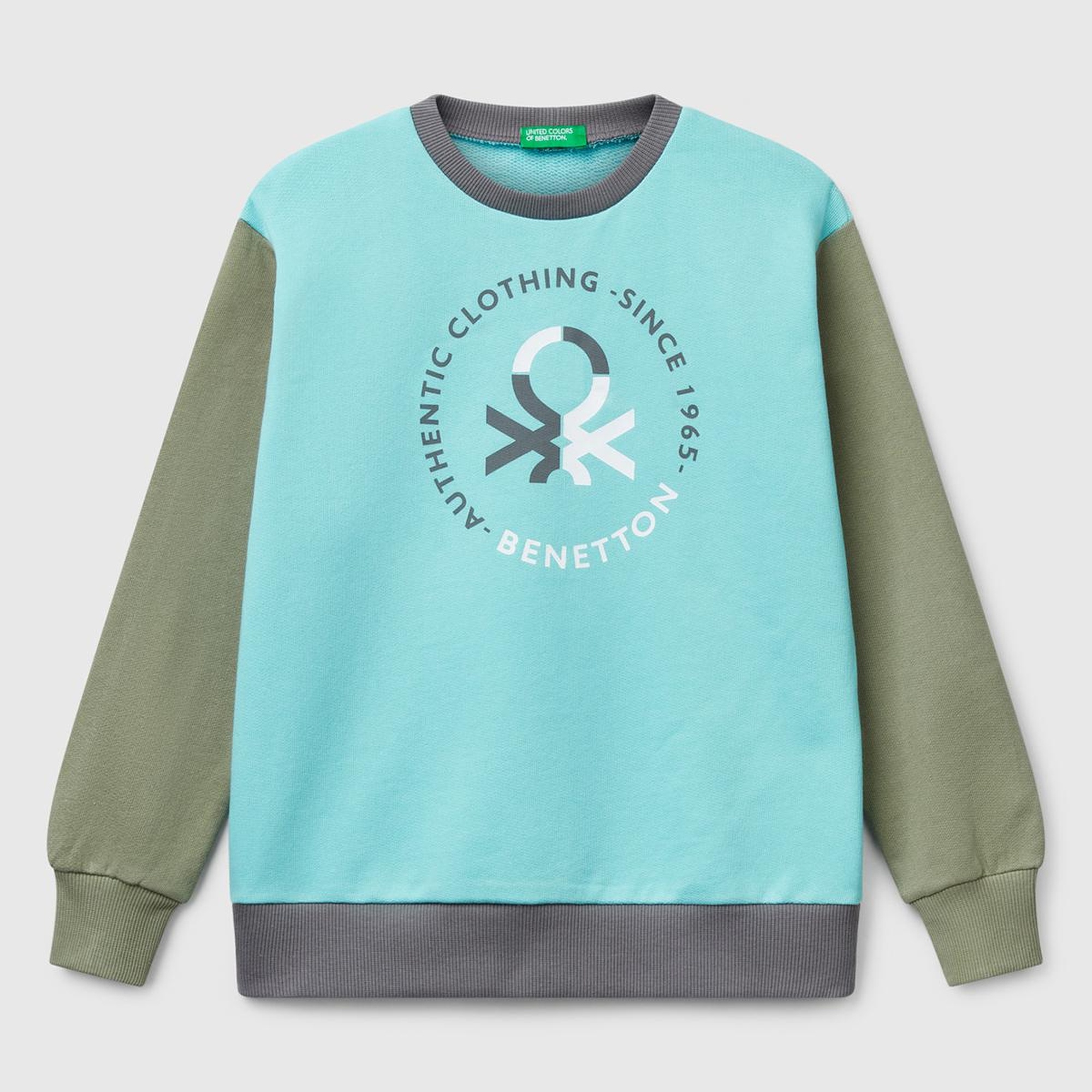 Erkek Çocuk Turkuaz Mix Benetton Logo Baskılı Bisiklet Yaka Sweatshirt