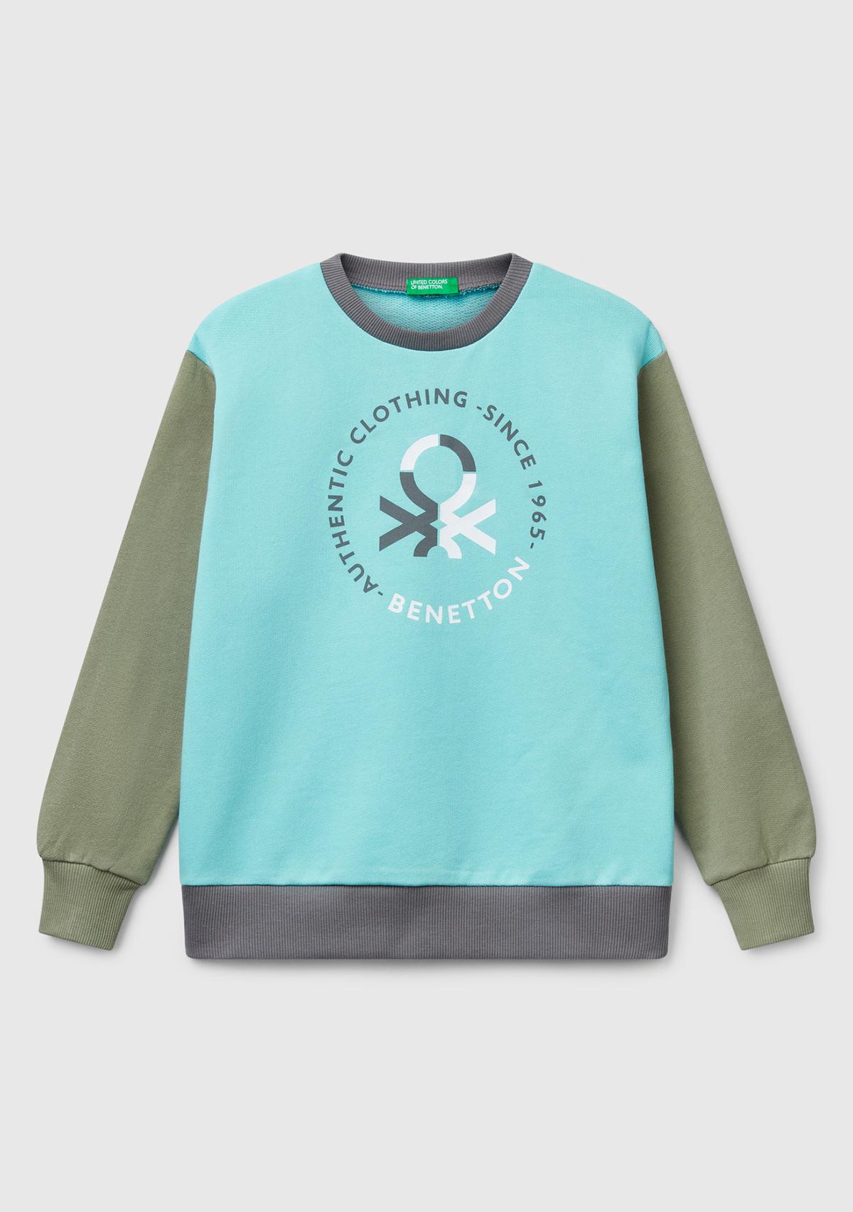  Erkek Çocuk Turkuaz Mix Benetton Logo Baskılı Bisiklet Yaka Sweatshirt