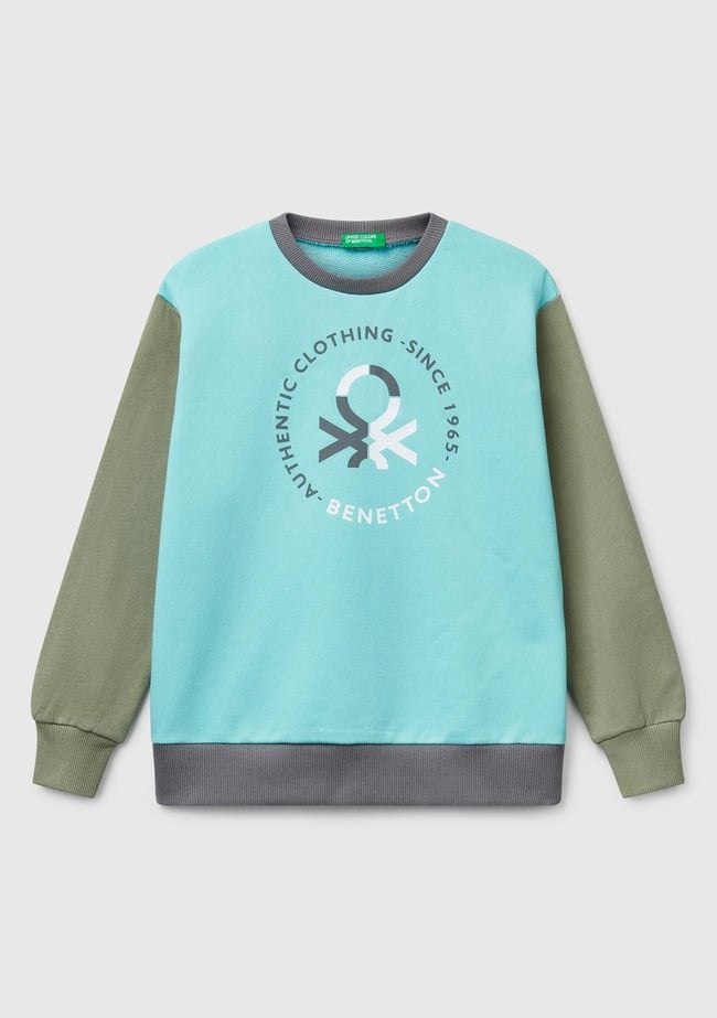  Erkek Çocuk Turkuaz Mix Benetton Logo Baskılı Bisiklet Yaka Sweatshirt