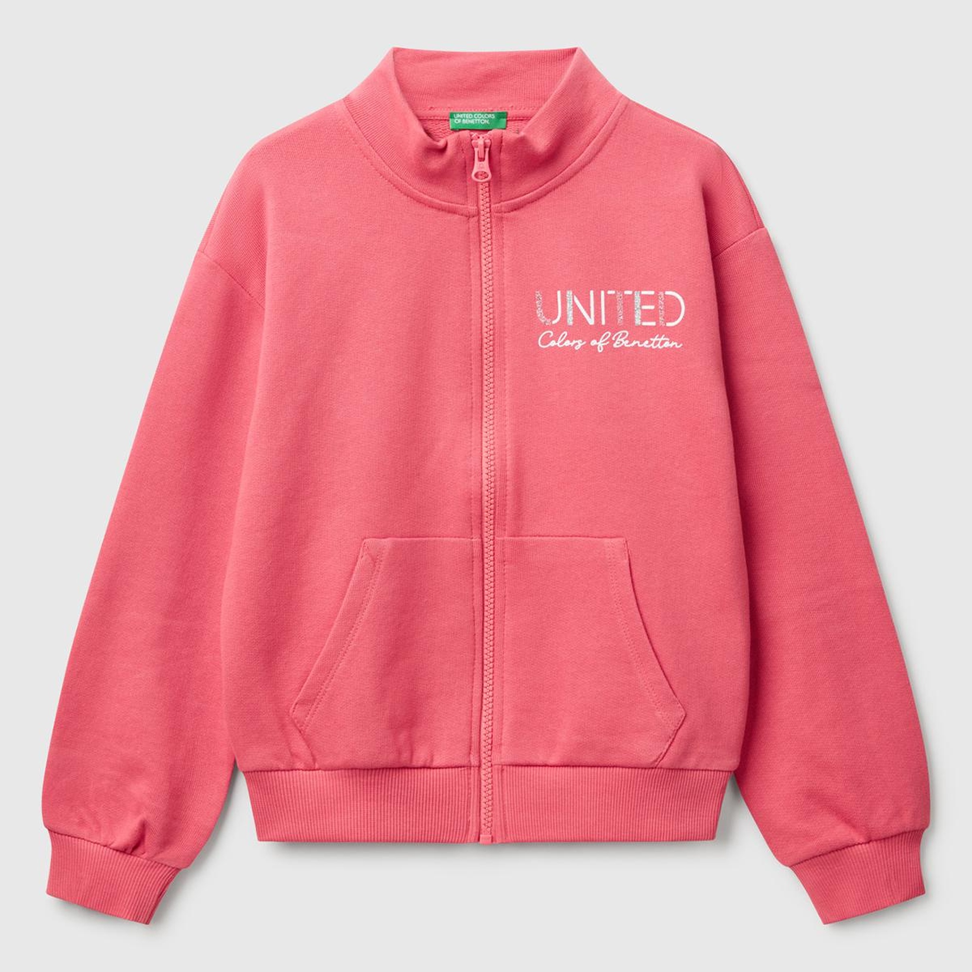 Kız Çocuk Fuşya Simli Benetton Logo İşlemeli Fermuarlı Sweatshirt