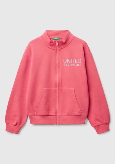 Kız Çocuk Fuşya Simli Benetton Logo İşlemeli Fermuarlı Sweatshirt