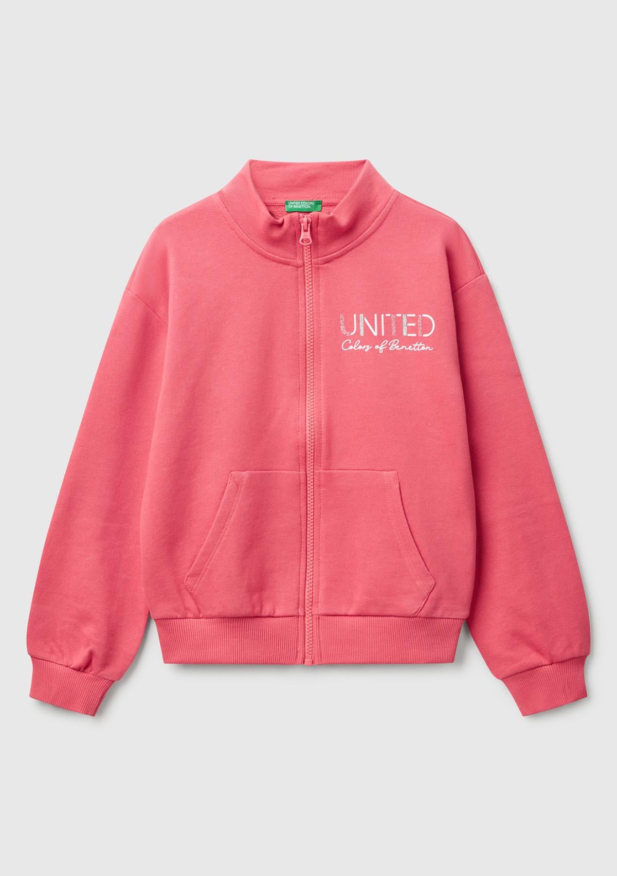  Kız Çocuk Fuşya Simli Benetton Logo İşlemeli Fermuarlı Sweatshirt