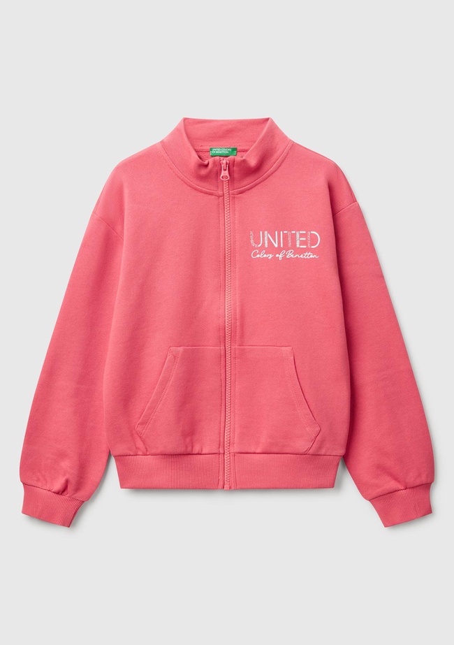  Kız Çocuk Fuşya Simli Benetton Logo İşlemeli Fermuarlı Sweatshirt