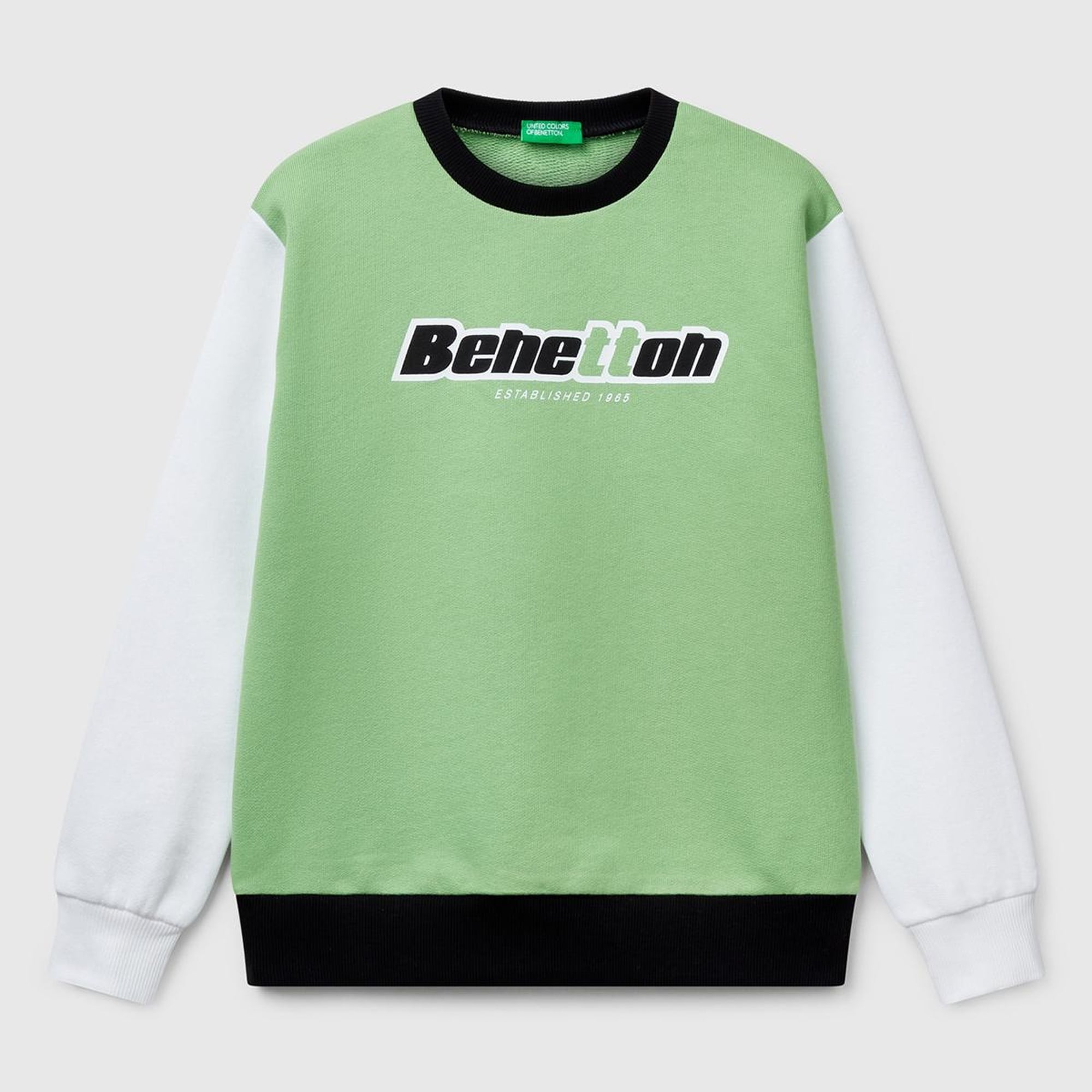 Erkek Çocuk Fıstık Yeşili Mix Benetton Logo Baskılı Bisiklet Yaka Sweatshirt
