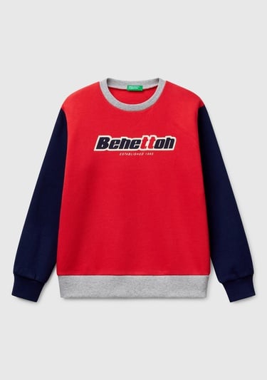  Erkek Çocuk Kırmızı Mix Benetton Logo Baskılı Bisiklet Yaka Sweatshirt