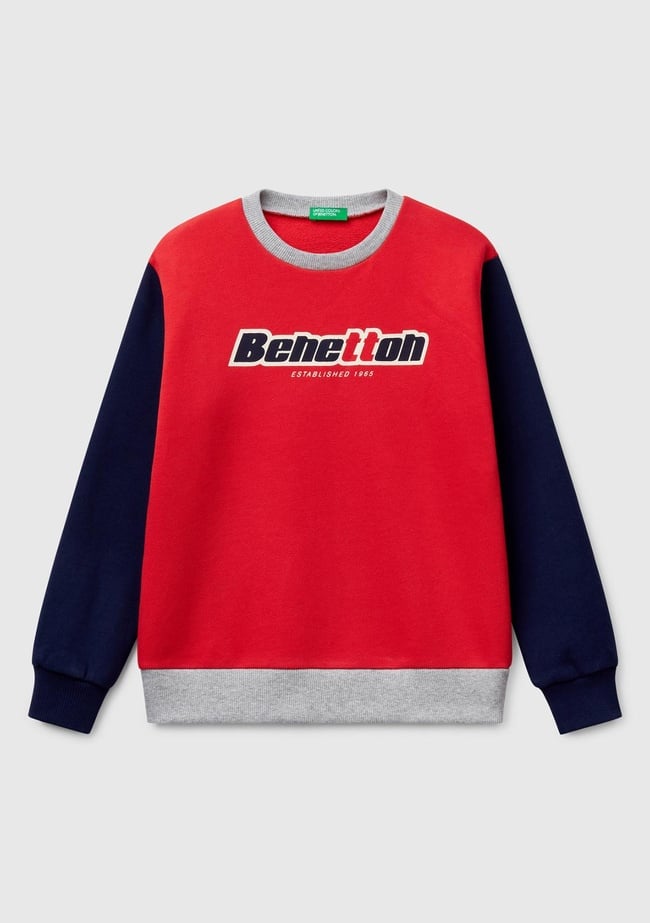  Erkek Çocuk Kırmızı Mix Benetton Logo Baskılı Bisiklet Yaka Sweatshirt