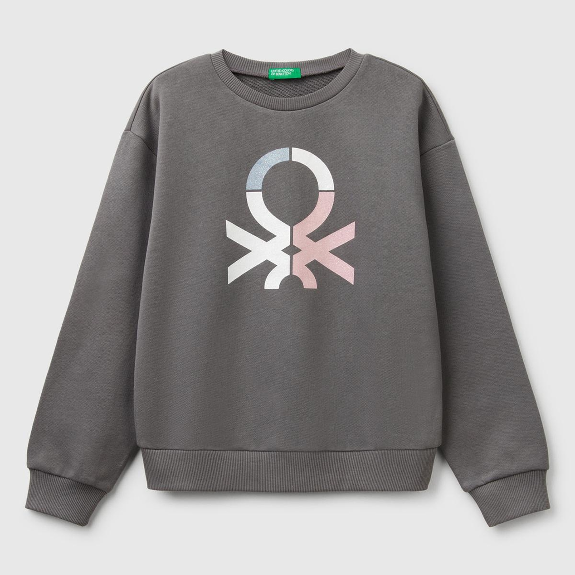 Kız Çocuk Antrasit Simli Benetton Logo Baskılı Bisiklet Yaka Sweatshirt