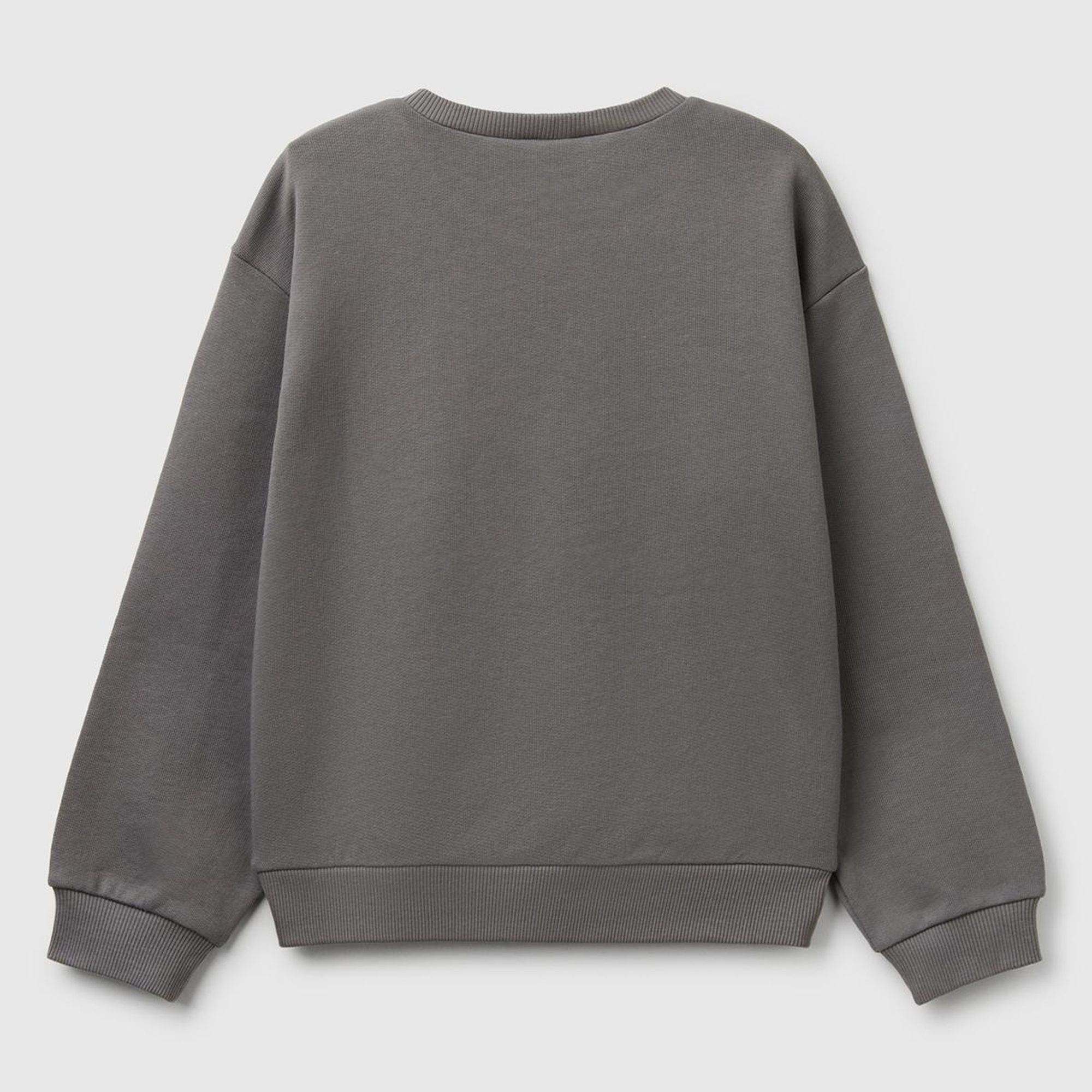 Kız Çocuk Antrasit Simli Benetton Logo Baskılı Bisiklet Yaka Sweatshirt