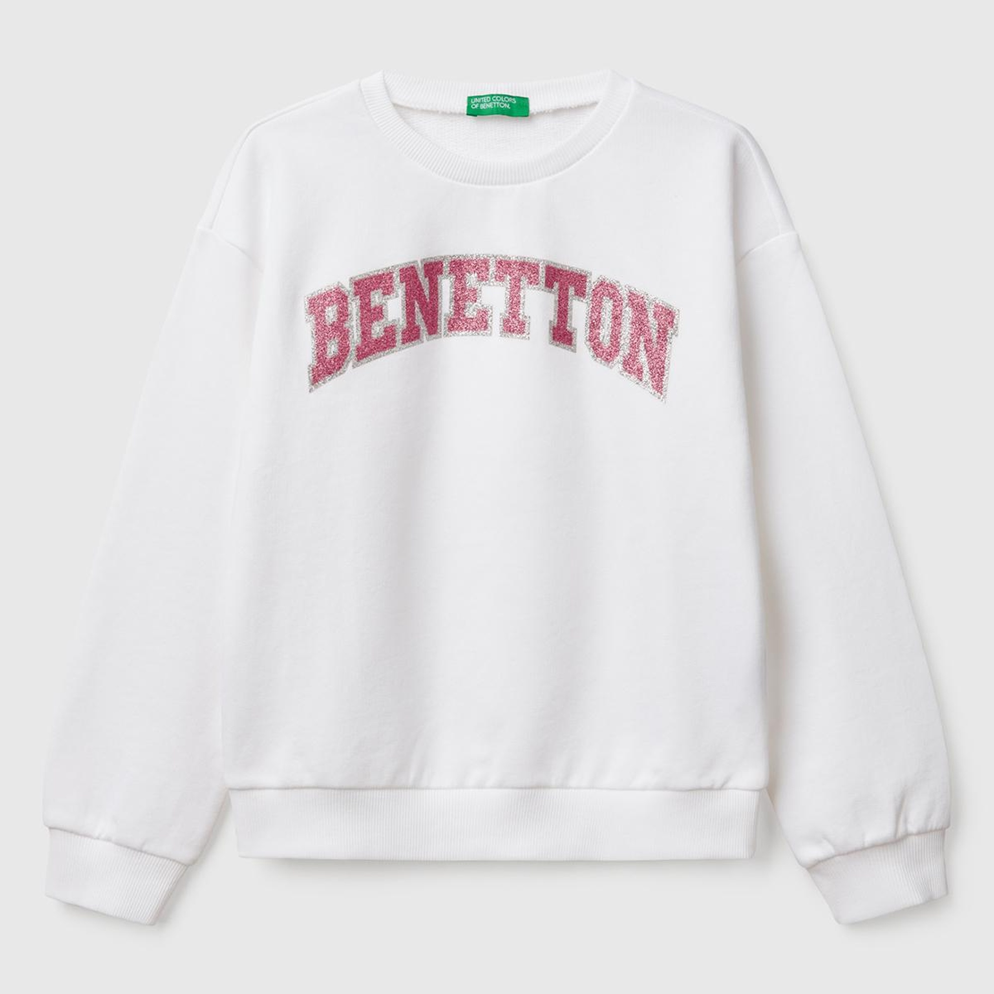 Kız Çocuk Beyaz Simli Benetton Logo Baskılı Bisiklet Yaka Sweatshirt