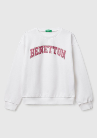  Kız Çocuk Beyaz Simli Benetton Logo Baskılı Bisiklet Yaka Sweatshirt