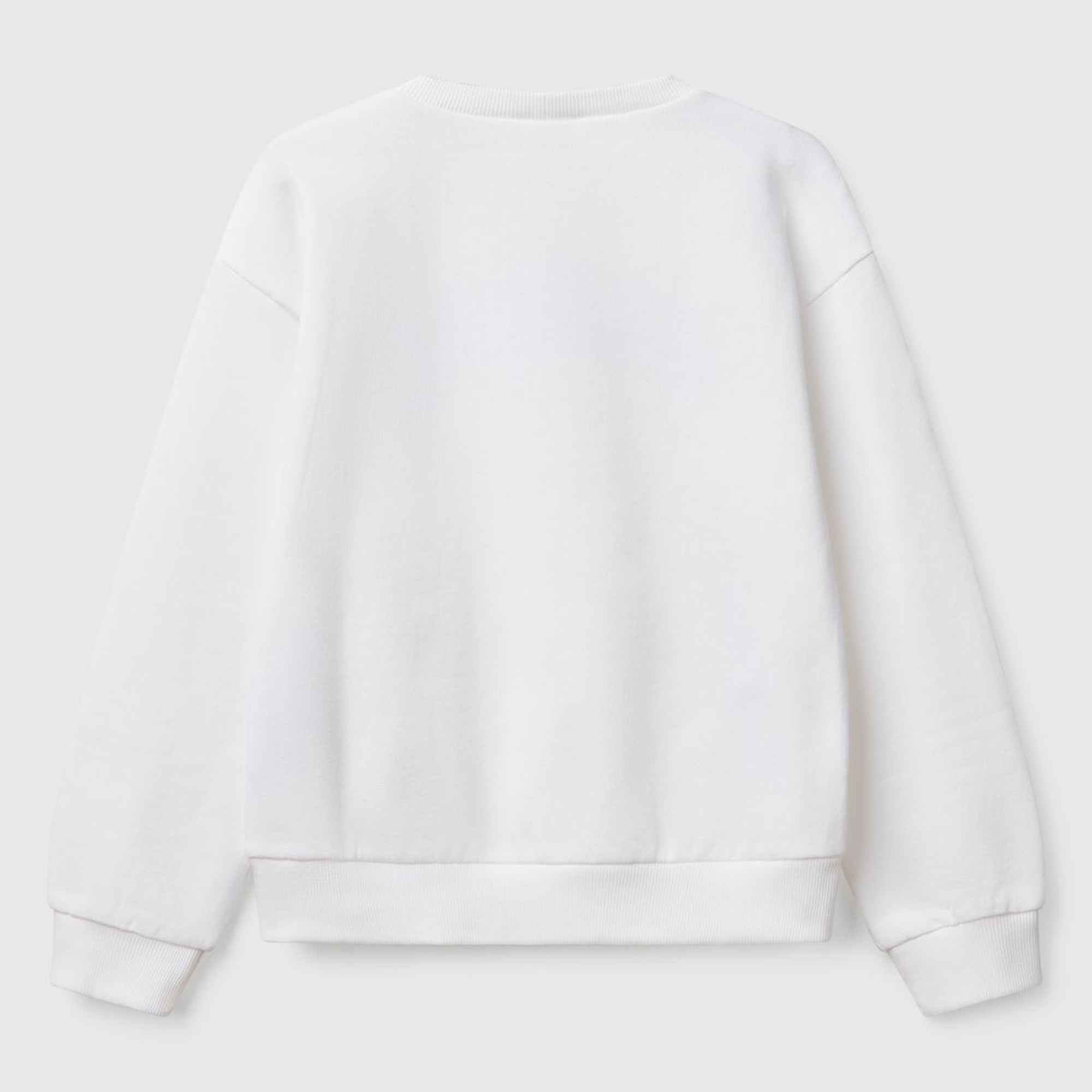 Kız Çocuk Beyaz Simli Benetton Logo Baskılı Bisiklet Yaka Sweatshirt