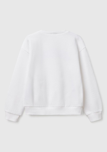  Kız Çocuk Beyaz Simli Benetton Logo Baskılı Bisiklet Yaka Sweatshirt