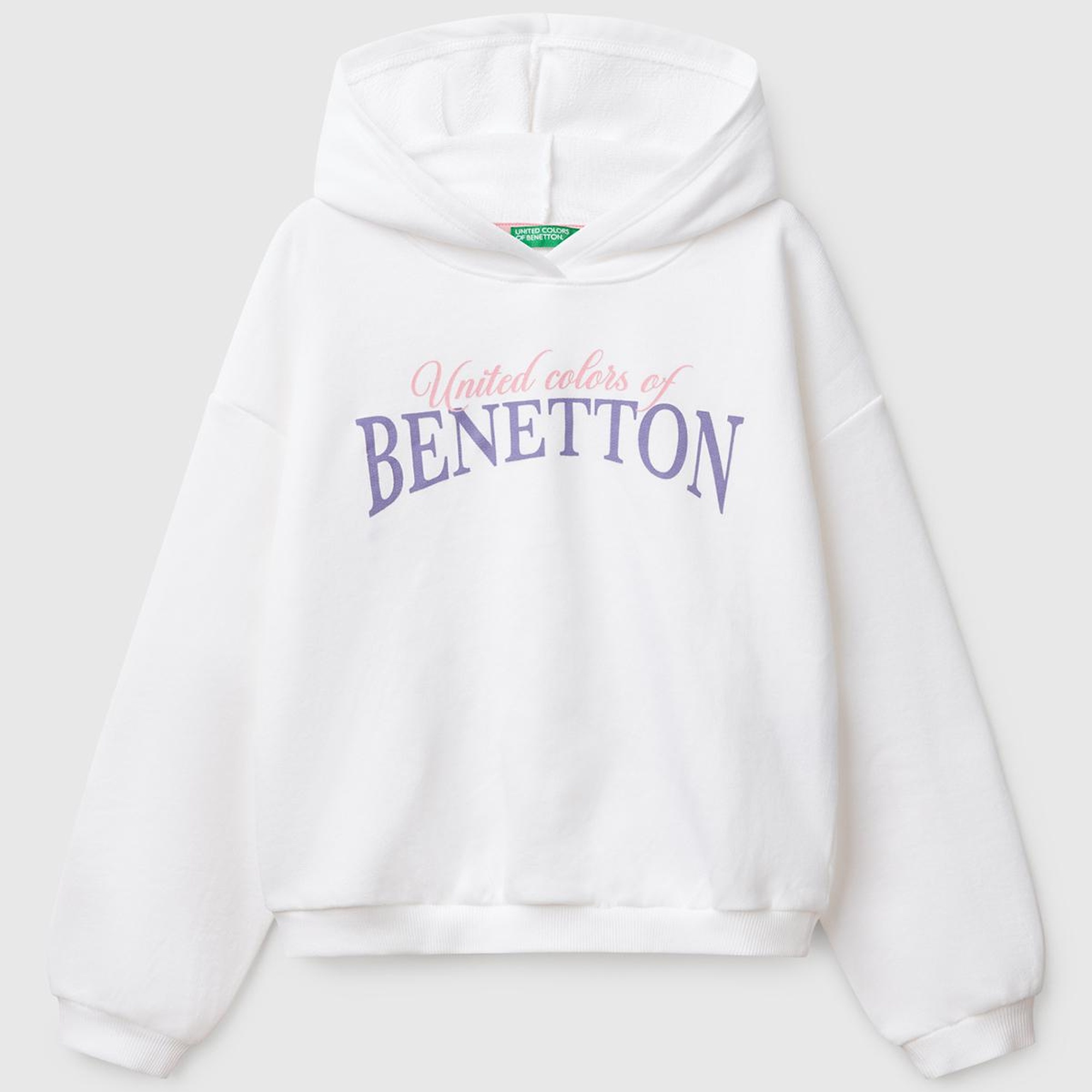 Kız Çocuk Beyaz Benetton Logo Baskılı Kapüşonlu Sweatshirt