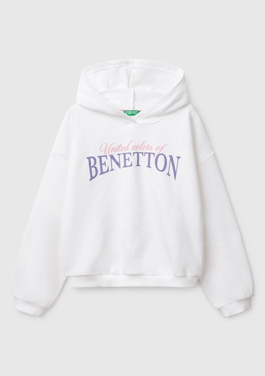  Kız Çocuk Beyaz Benetton Logo Baskılı Kapüşonlu Sweatshirt