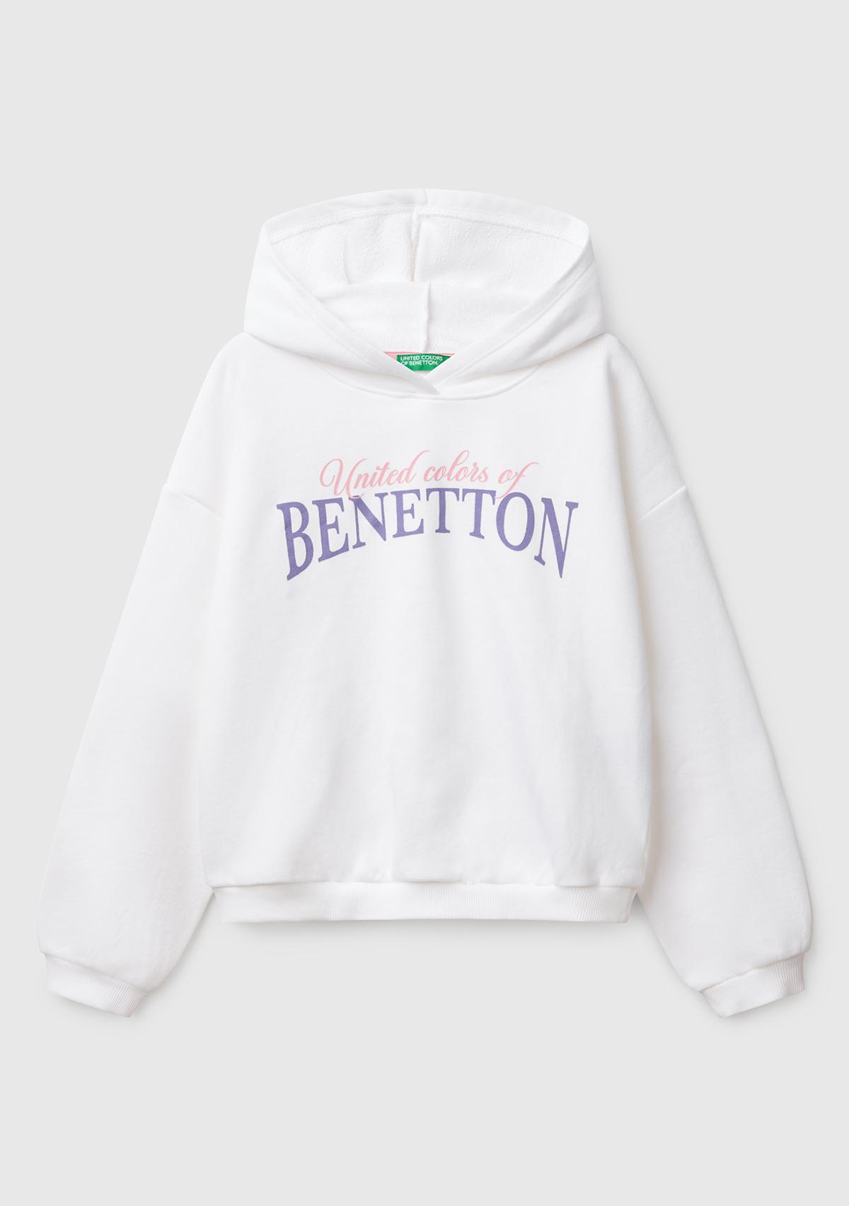  Kız Çocuk Beyaz Benetton Logo Baskılı Kapüşonlu Sweatshirt