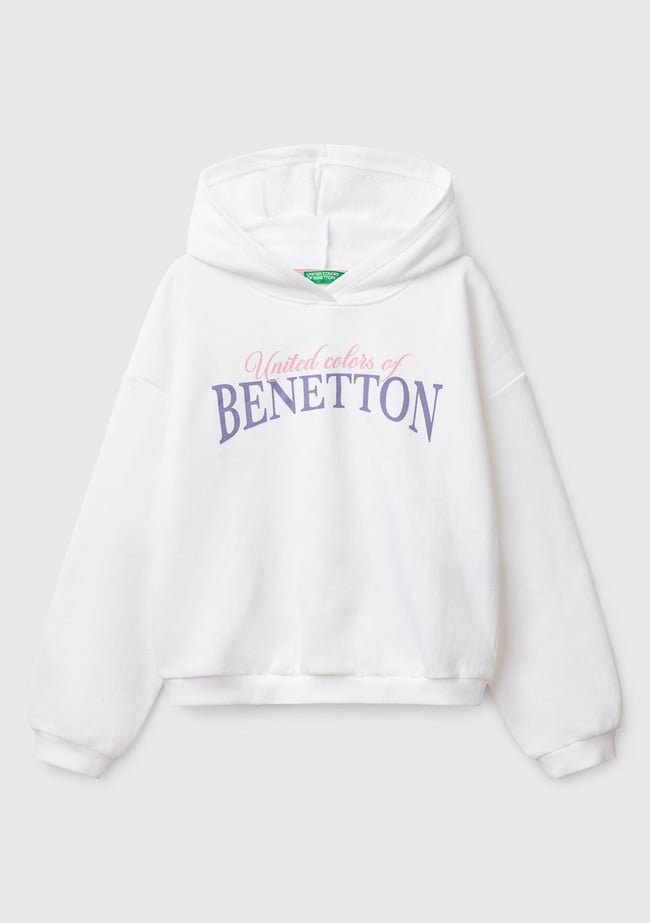  Kız Çocuk Beyaz Benetton Logo Baskılı Kapüşonlu Sweatshirt