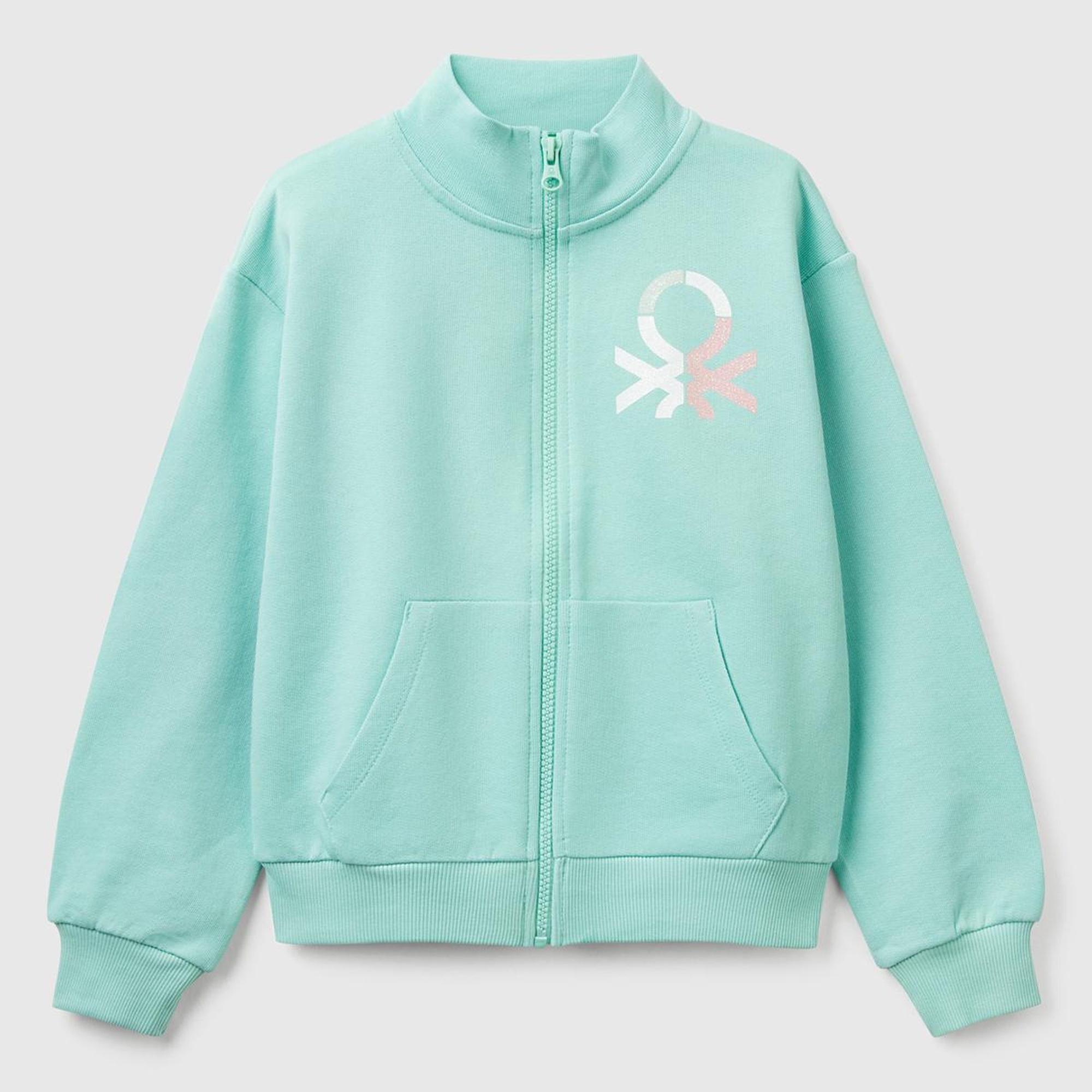 Kız Çocuk Su Yeşili Simli Benetton Logo İşlemeli Fermuarlı Sweatshirt
