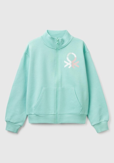  Kız Çocuk Su Yeşili Simli Benetton Logo İşlemeli Fermuarlı Sweatshirt