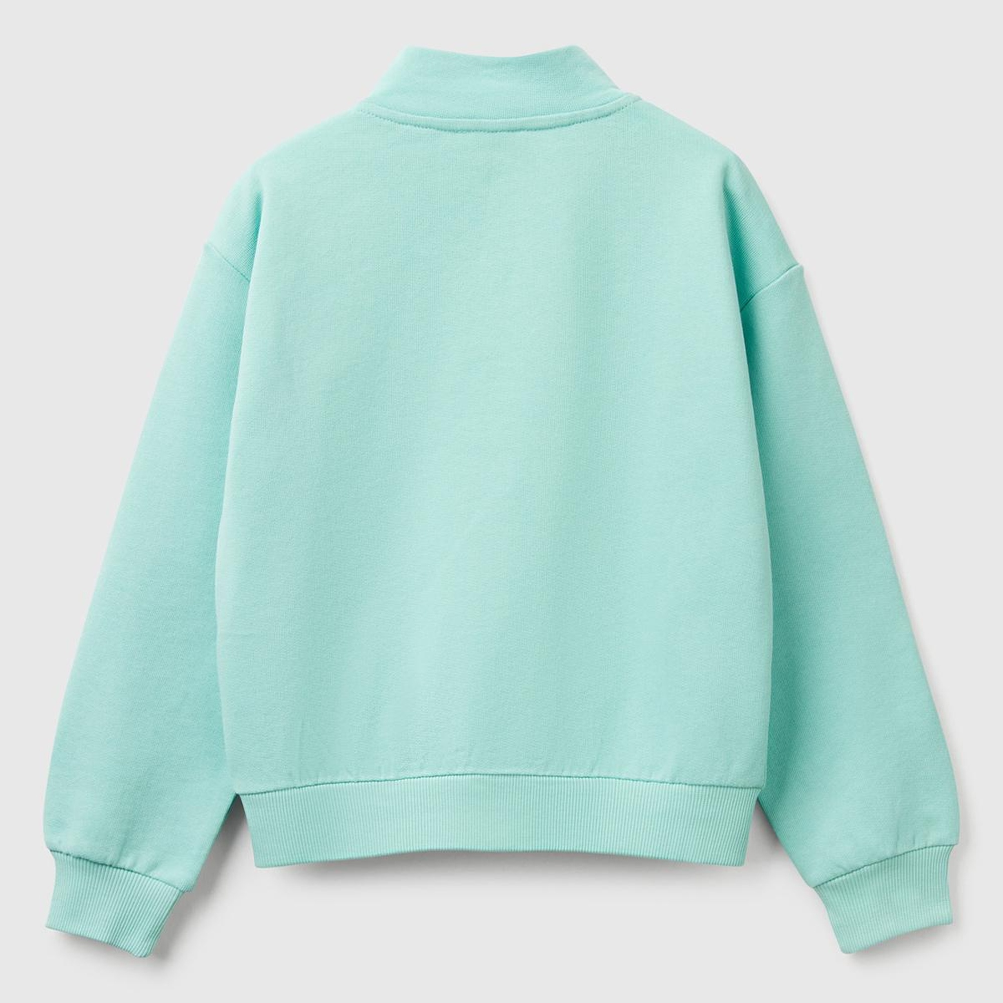 Kız Çocuk Su Yeşili Simli Benetton Logo İşlemeli Fermuarlı Sweatshirt