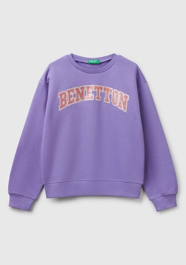  Kız Çocuk Mor Simli Benetton Logo Baskılı Bisiklet Yaka Sweatshirt
