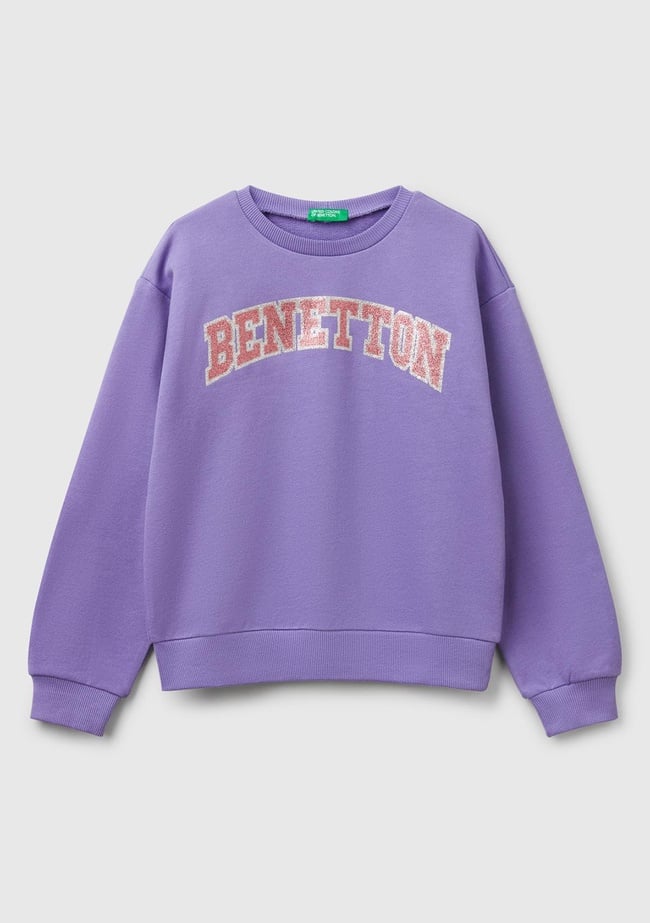  Kız Çocuk Mor Simli Benetton Logo Baskılı Bisiklet Yaka Sweatshirt