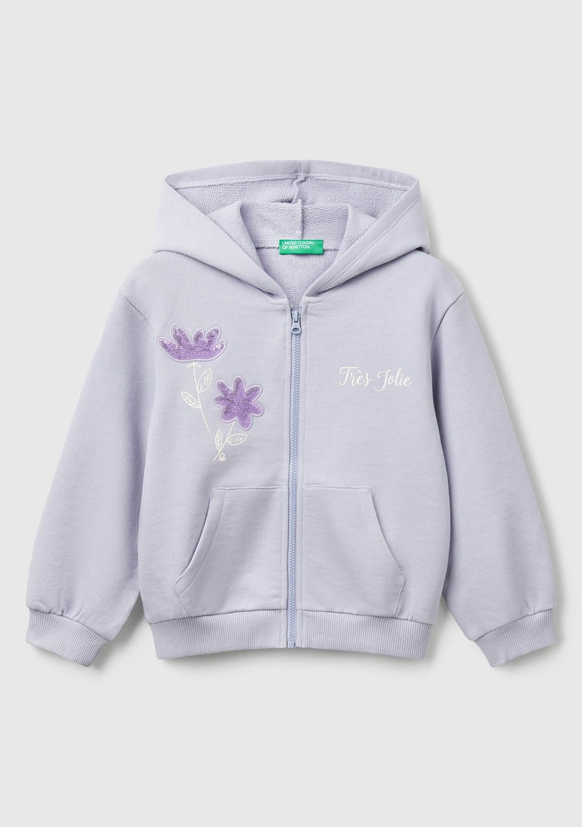  Kız Çocuk Lila Payetli Nakışlı Fermuarlı Kapüşonlu Sweatshirt