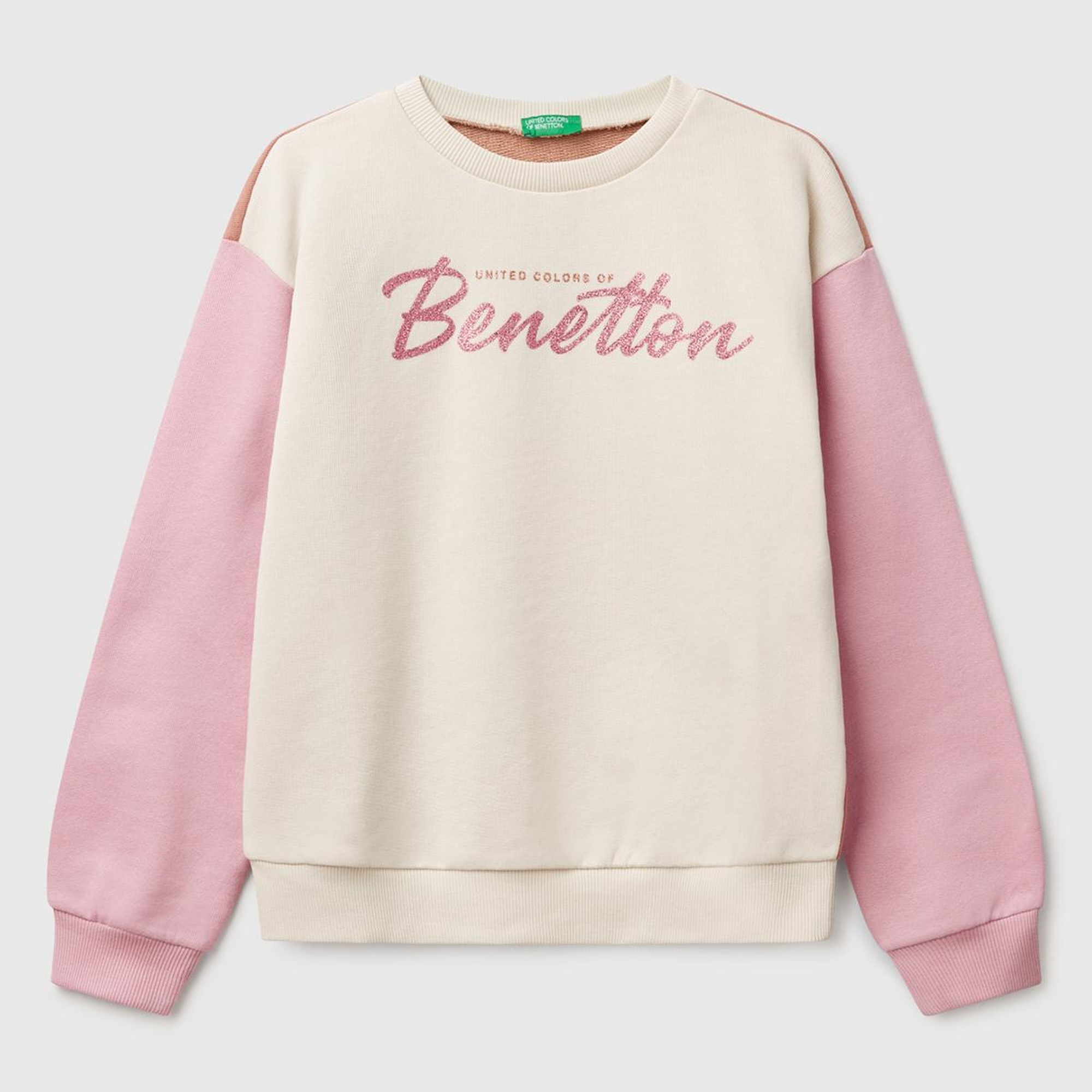 Kız Çocuk Bej Mix Simli Benetton Logo Baskılı Bisiklet Yaka Sweatshirt