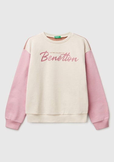 Kız Çocuk Bej Mix Simli Benetton Logo Baskılı Bisiklet Yaka Sweatshirt
