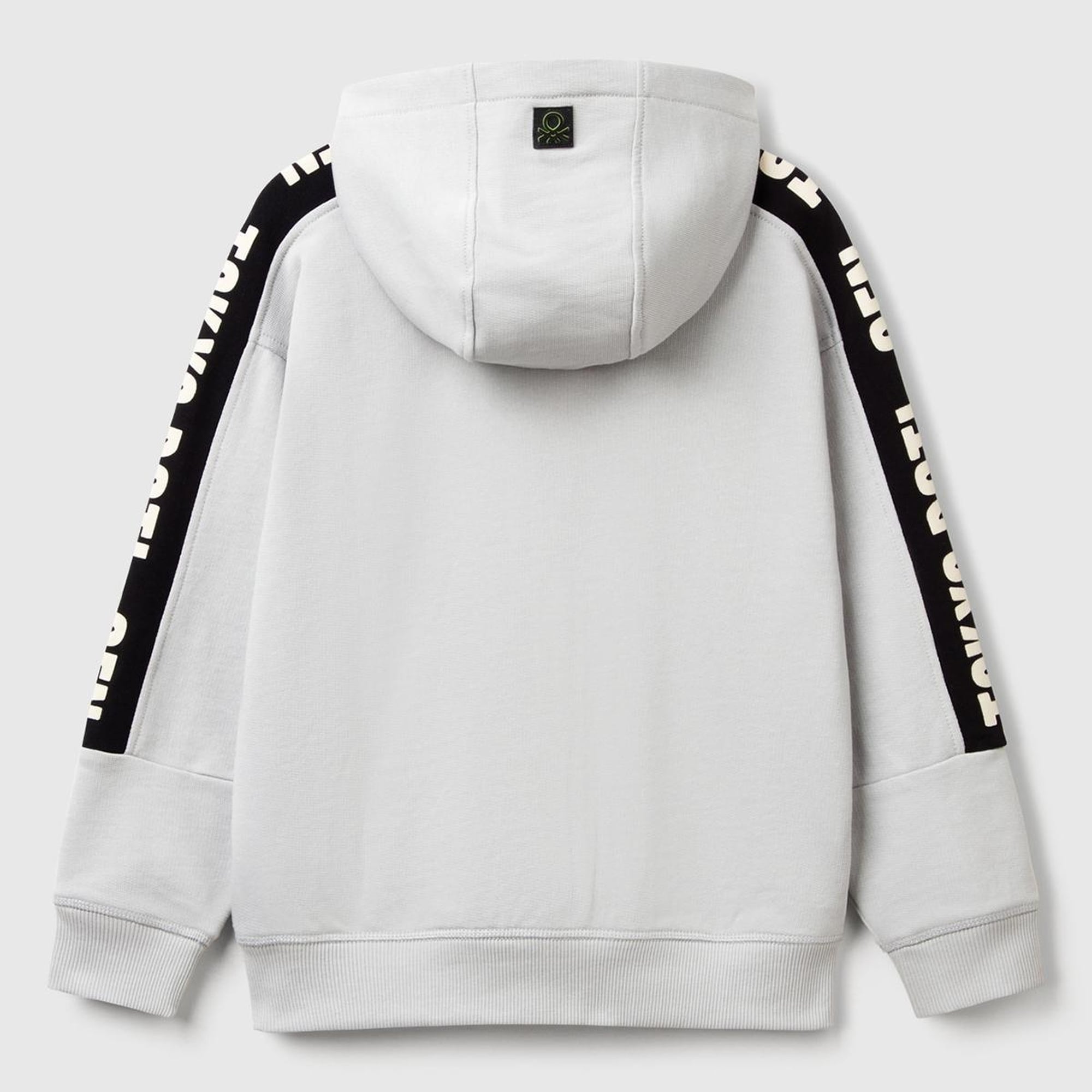 Erkek Çocuk Gri Melanj Kolları Baskı Şerit Detaylı Fermuarlı Kapüşonlu Sweatshirt