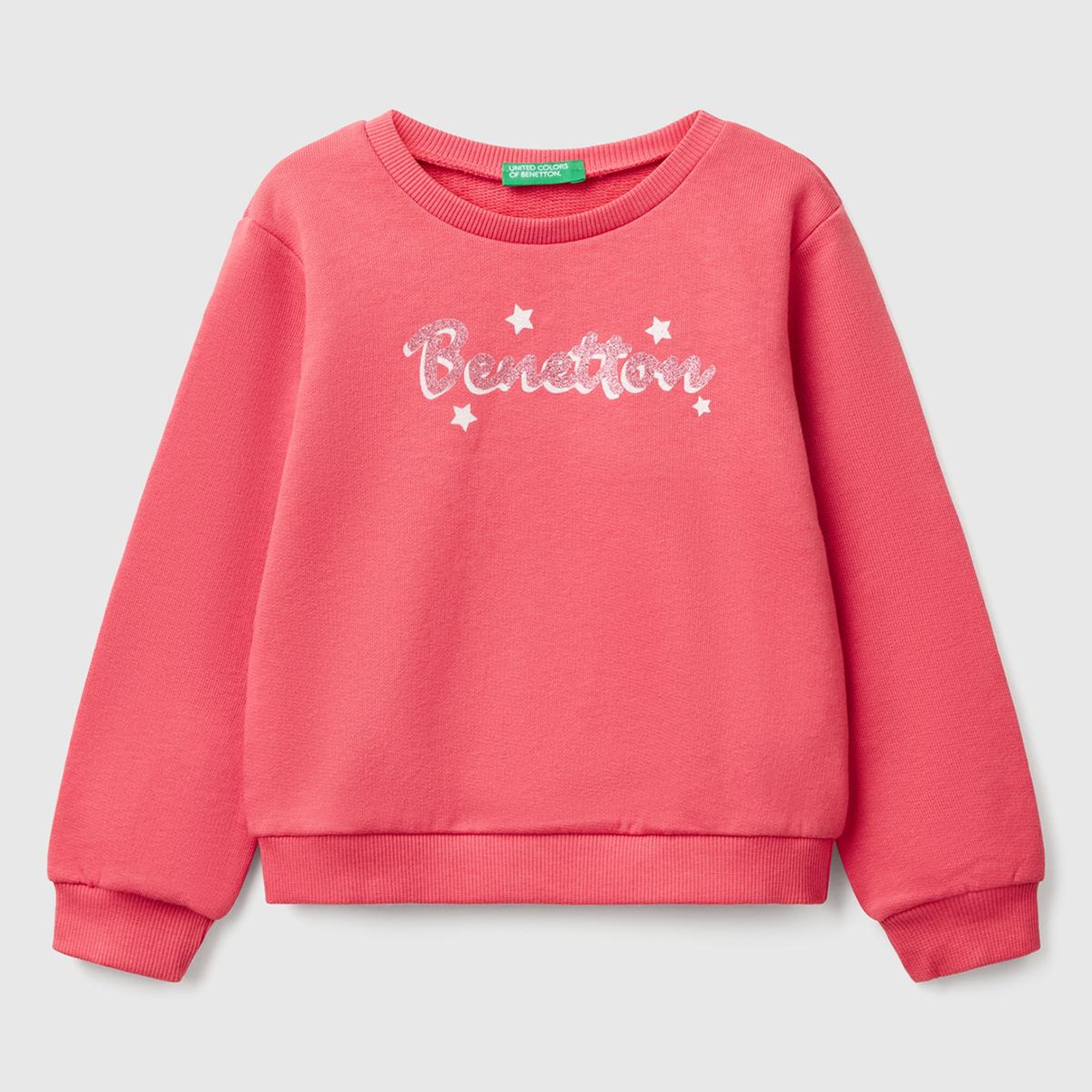 Kız Çocuk Fuşya Simli Benetton Logo Baskılı Bisiklet Yaka Sweatshirt