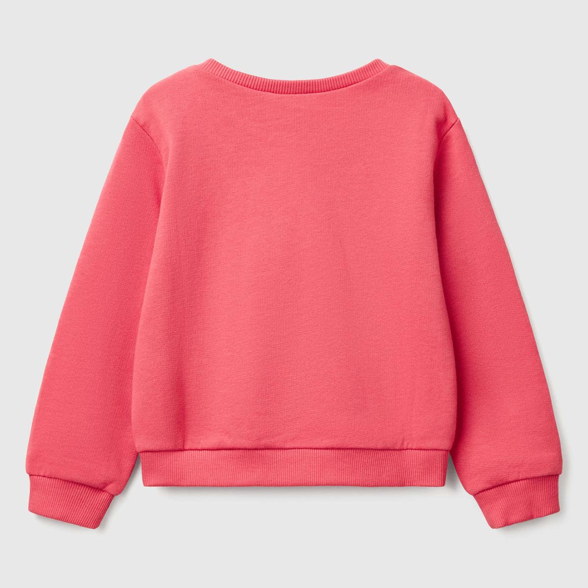 Kız Çocuk Fuşya Simli Benetton Logo Baskılı Bisiklet Yaka Sweatshirt