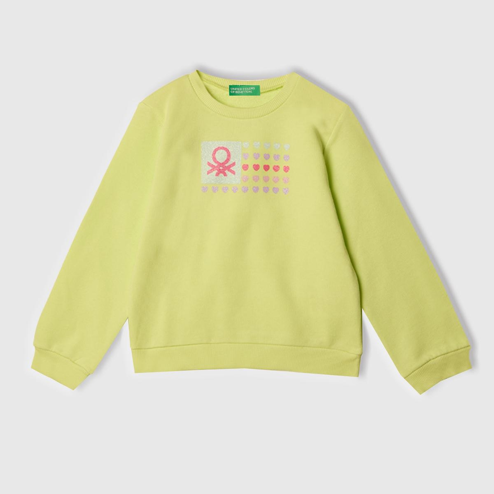 Kız Çocuk Sarı Simli Benetton Logo Baskılı Bisiklet Yaka Sweatshirt