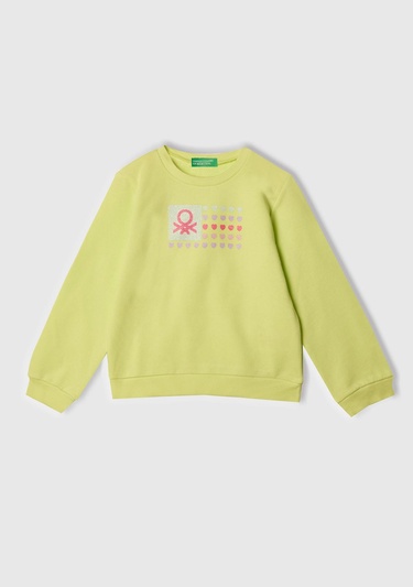  Kız Çocuk Sarı Simli Benetton Logo Baskılı Bisiklet Yaka Sweatshirt