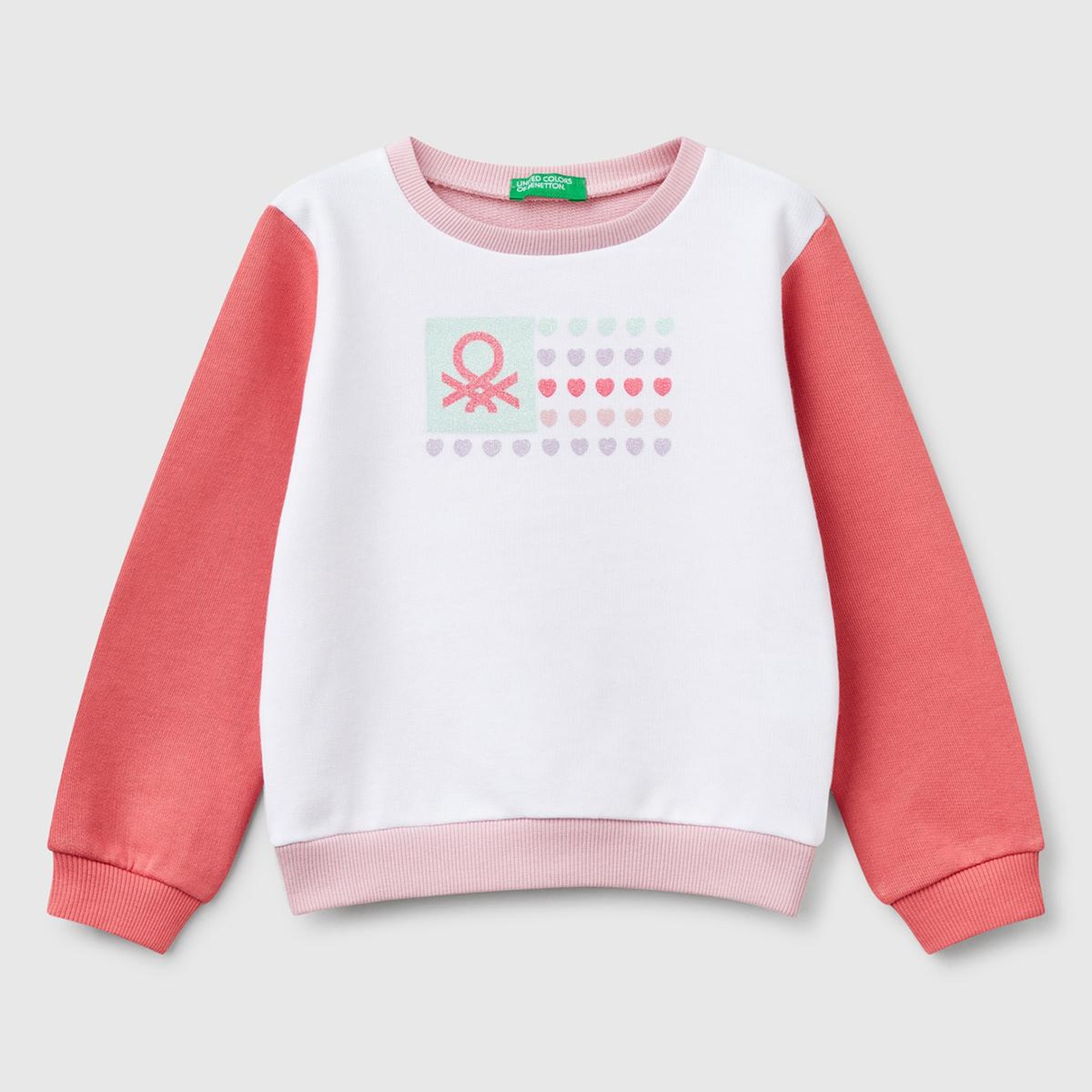 Kız Çocuk Beyaz Mix Simli Benetton Logo Baskılı Bisiklet Yaka Sweatshirt