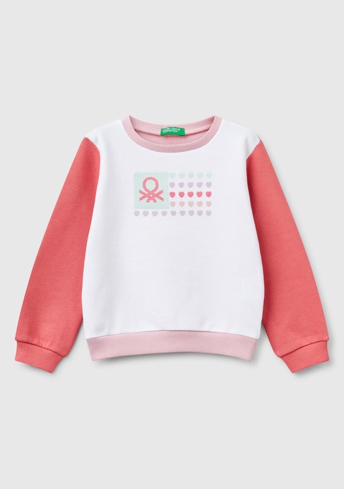  Kız Çocuk Beyaz Mix Simli Benetton Logo Baskılı Bisiklet Yaka Sweatshirt