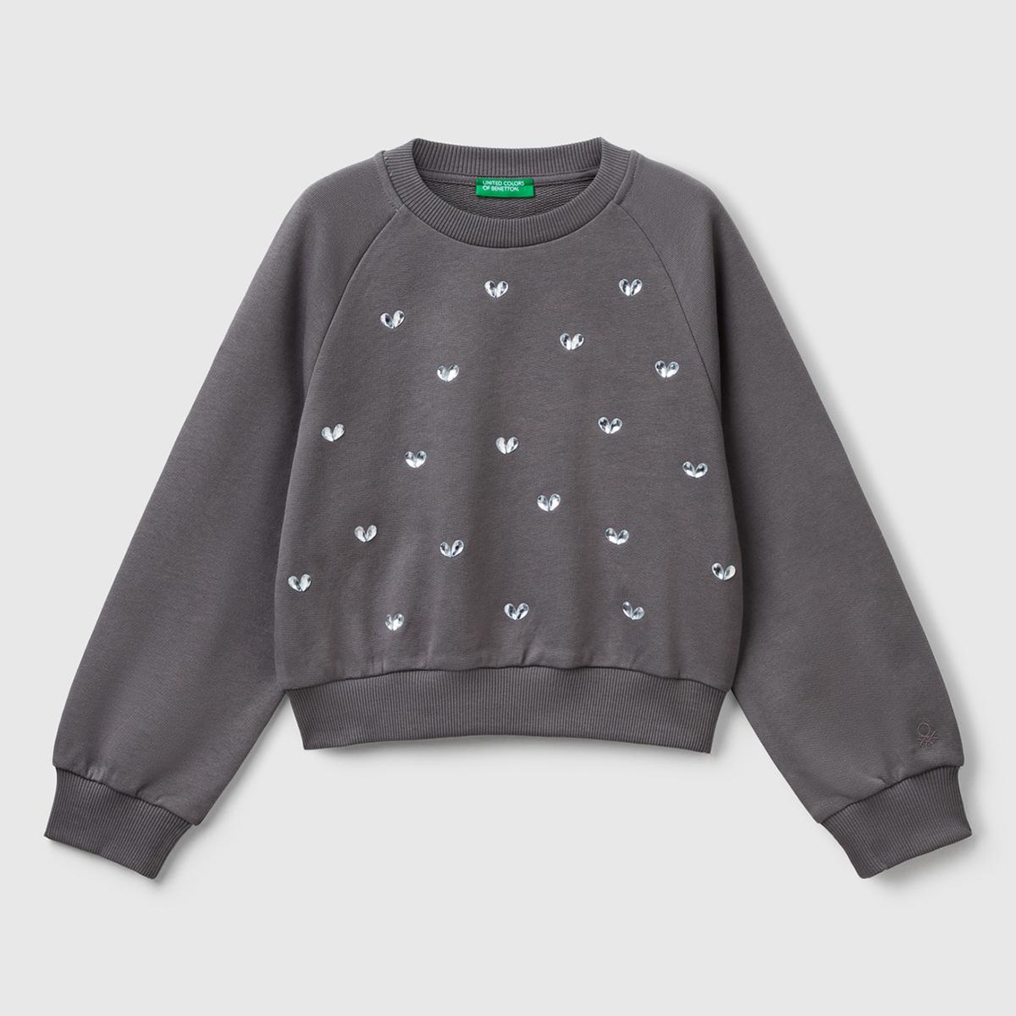 Kız Çocuk Antrasit Önü Taş Detaylı Ribanalı Bisiklet Yaka Sweatshirt